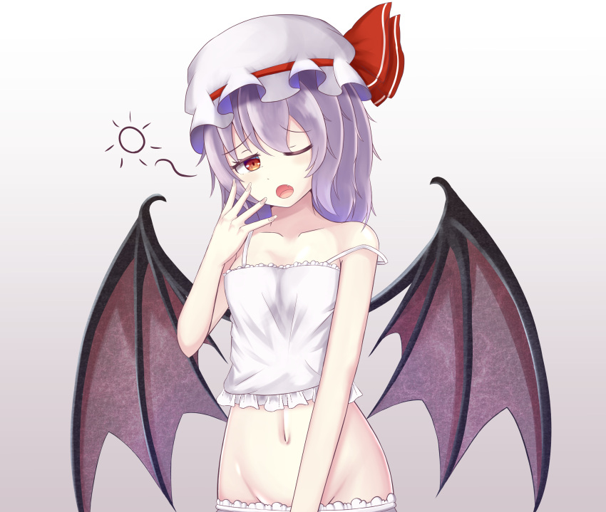 1girl absurdres bat_wings bloomers camisole chemise collarbone eyebrows_visible_through_hair frilled_chemise frills hat hat_ribbon highres light_purple_hair midriff mob_cap navel one_eye_closed open_mouth red_eyes red_ribbon remilia_scarlet ribbon short_hair sleepy sleeveless spaghetti_strap stomach str11x strap_slip touhou underwear underwear_only white_camisole wings yawning