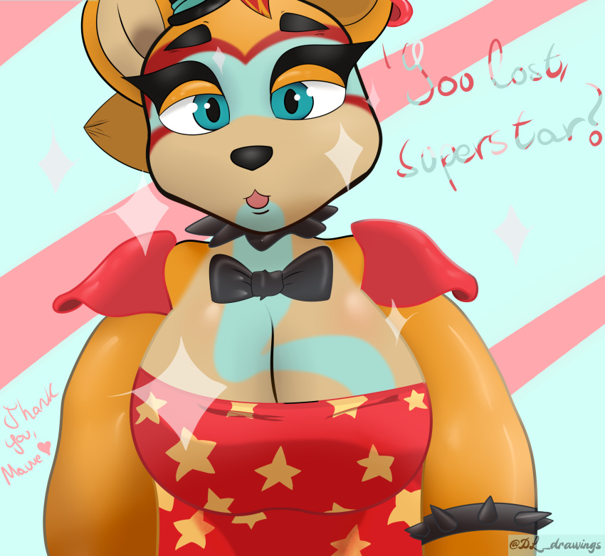 accessory animatronic anthro armband big_breasts blue_eyes bow_tie breasts brown_body brown_hair clothed clothing desesperadoleon ear_piercing ear_ring english_text eyebrows female five_nights_at_freddy's five_nights_at_freddy's:_security_breach glamrock_freddy_(fnaf) hair hat headgear headwear hi_res jewelry machine mammal piercing robot scottgames shoulder_pads solo text ursid ursine video_games
