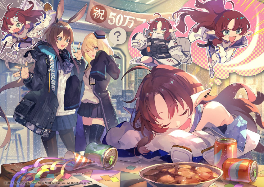 3girls amiya_(arknights) animal_ears arknights bandages bandaid blonde_hair bowl brown_hair closed_eyes cosplay durin_(arknights) dwarf earrings english_text flag food jacket jewelry long_sleeves mudrock_(arknights) multiple_girls multiple_rings myrtle_(arknights) official_art one_eye_closed oversized_clothes pointy_ears rabbit_ears rabbit_girl red_hair ring sleeping table thumb_ring tin_can yubari