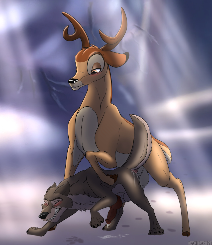 2022 anal anal_penetration animal_genitalia animal_penis backlash91 balls balto balto_(film) bambi bambi_(film) bodily_fluids canid canine canine_penis canis cervid conditional_dnp crossover cum cum_in_ass cum_inside disney duo feral genital_fluids genitals hi_res knot male male/male mammal penetration penis sex wolf