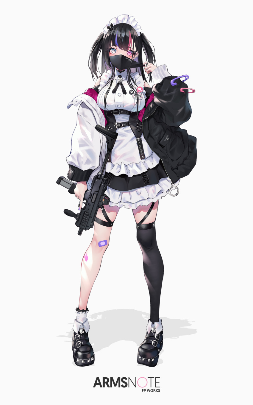 1girl arms_note bandaid bandaid_on_knee black_hair breasts dress english_text frilled_dress frills fukai_ryosuke grey_eyes gun heterochromia highres holding holding_weapon id_card jacket maid_headdress mask mask_pull medium_breasts mine_laying_maid mouth_mask multicolored_hair off_shoulder purple_eyes ribbon safety_pin single_thighhigh standing submachine_gun suitcase thigh_strap thighhighs two_side_up underbust weapon white_background