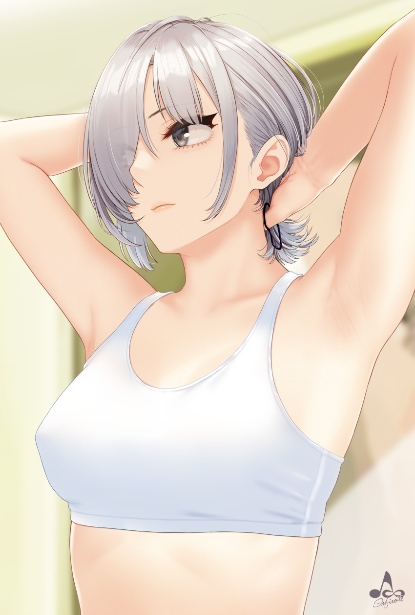 1girl absurdres armpits arms_up artist_logo bangs bra breasts closed_mouth collarbone eyebrows_visible_through_hair grey_eyes hair_over_one_eye highres indoors infinote lips medium_breasts original sashou_mihiro short_hair signature silver_hair solo sports_bra tying_hair underwear upper_body white_bra