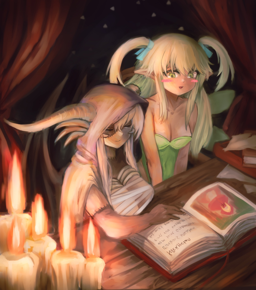 2girls :d bandages bangs bare_shoulders black_skin black_souls black_wings blue_ribbon blush_stickers book breasts candle cleavage closed_eyes closed_mouth colored_skin covered_navel curtains dragon_girl dragon_horns dragon_wings fairy fairy_wings fire green_eyes green_leotard green_wings hair_between_eyes hair_ribbon highres horns jabberwock_(black_souls) large_breasts leaf_(black_souls) leotard light_green_hair medium_breasts multicolored_skin multiple_girls open_book open_mouth patchwork_skin pointy_ears ribbon ropeperson smile stitched_arm stitched_face stitched_neck strapless strapless_leotard two_side_up white_hair white_horns wings