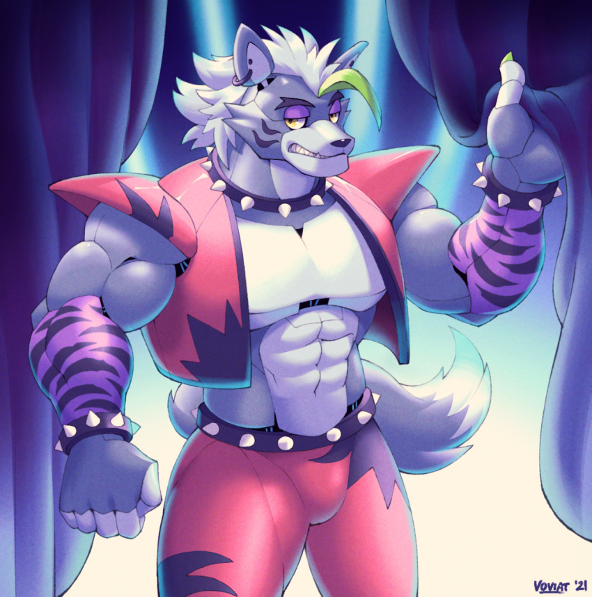 abs animatronic anthro canid canine canis clothing collar crossgender ear_piercing five_nights_at_freddy's five_nights_at_freddy's:_security_breach green_hair hair hi_res machine male mammal muscular muscular_anthro muscular_male pecs piercing robot roxanne_wolf_(fnaf) scottgames solo spiked_collar spikes video_games voviat wolf