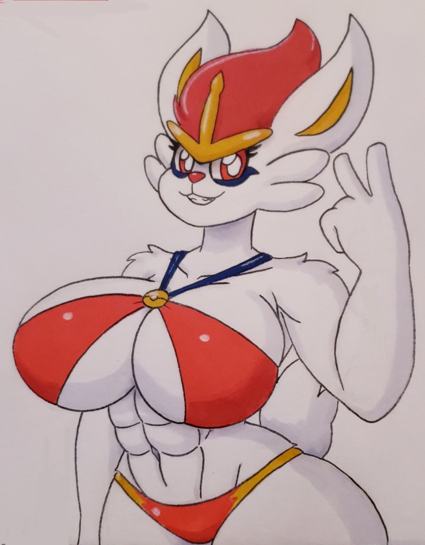 abs anthro big_breasts breasts cinderace clothed clothing female fur hi_res jumneyarts nintendo pok&eacute;mon pok&eacute;mon_(species) simple_background smile solo video_games white_body white_fur