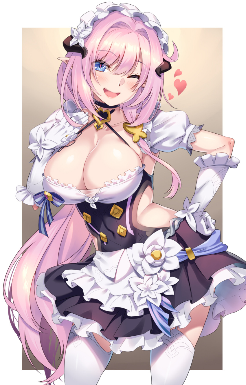 1girl blue_eyes breasts cleavage commentary_request covered_navel elysia_(honkai_impact) eyebrows_visible_through_hair gloves hair_between_eyes heart highres honkai_(series) honkai_impact_3rd horns large_breasts long_hair looking_at_viewer maid maid_headdress one_eye_closed open_mouth pink_hair pointy_ears shinozuka_atsuto solo thighhighs tongue
