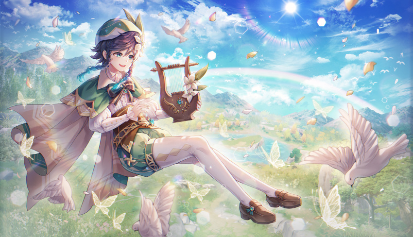 1boy androgynous animal argyle argyle_legwear bangs beret bird black_hair blue_hair bow braid brooch bug butterfly cape cloud cloudy_sky collared_cape collared_shirt commentary corset day feathers floating flower frilled_sleeves frills gem genshin_impact gradient_hair grass green_eyes green_headwear green_shorts hair_flower hair_ornament hat hayun highres holding holding_instrument instrument jewelry leaf long_sleeves lyre male_focus mountainous_horizon multicolored_hair open_mouth outdoors pantyhose petals pinwheel pond rainbow revision shirt shoes short_hair_with_long_locks shorts sky smile solo sun tree twin_braids venti_(genshin_impact) vision_(genshin_impact) water white_flower white_legwear white_shirt