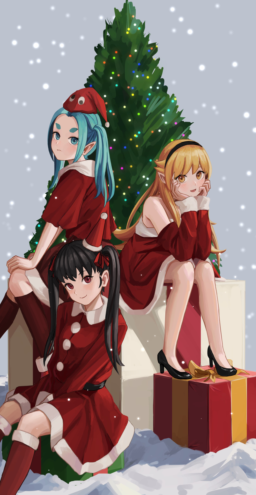 3girls absurdres bare_legs bare_shoulders black_footwear black_hairband blonde_hair blue_hair brown_hair christmas christmas_lights christmas_tree closed_mouth commentary detached_sleeves dress elbow_rest english_commentary gift grey_background hachikuji_mayoi hair_ribbon hairband hat high_heels highres kneehighs long_hair long_sleeves looking_at_viewer monogatari_(series) multiple_girls nemo_ringo ononoki_yotsugi oshino_shinobu parted_lips pointy_ears red_dress red_eyes red_legwear red_ribbon red_sleeves ribbon santa_costume santa_dress santa_hat short_sleeves sitting smile snow snowing thick_eyebrows twintails yellow_eyes