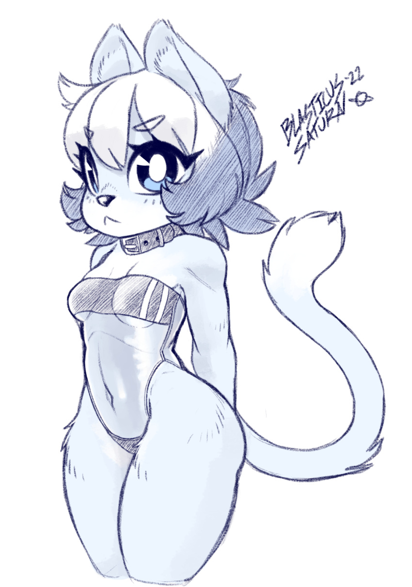 anthro blasticussaturn blue_and_white clothing collar felid feline female gris_swimsuit hair hands_behind_back hi_res looking_at_viewer mammal monochrome short_hair signature sketch snowfur_(blasticussaturn) solo swimwear