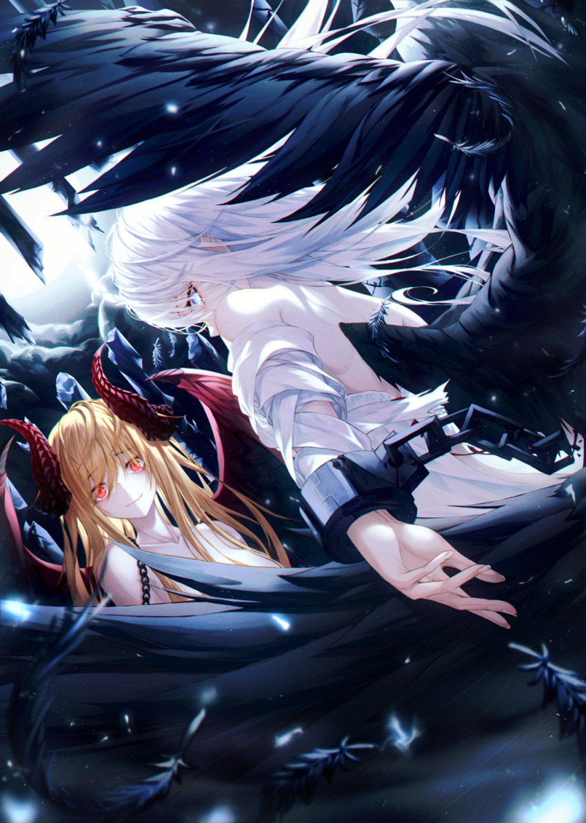 2girls andi_1021 angel_wings bandaged_arm bandages black_wings blonde_hair blue_eyes chain cuffs demon demon_girl demon_horns demon_wings fallen_angel handcuffs highres horns long_hair looking_at_viewer multiple_girls original red_eyes restrained white_hair wings