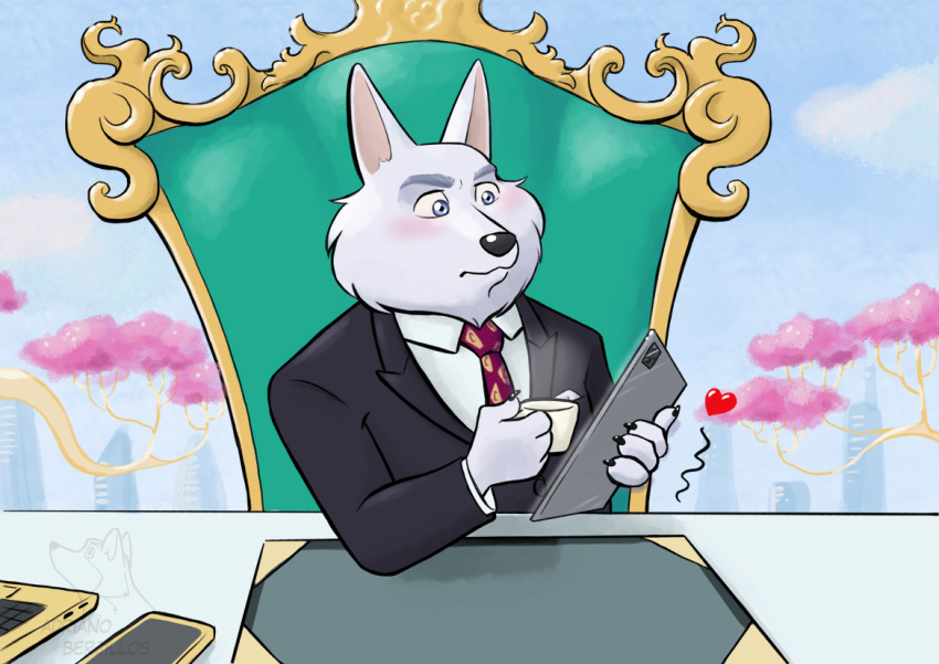 &lt;3 2022 anthro black_nose blush canid canine canis clothing corgi_(artist) detailed_background humanoid_hands illumination_entertainment jerry_(sing) jimmy_crystal male mammal mug necktie shirt sing_(movie) sitting solo topwear wolf