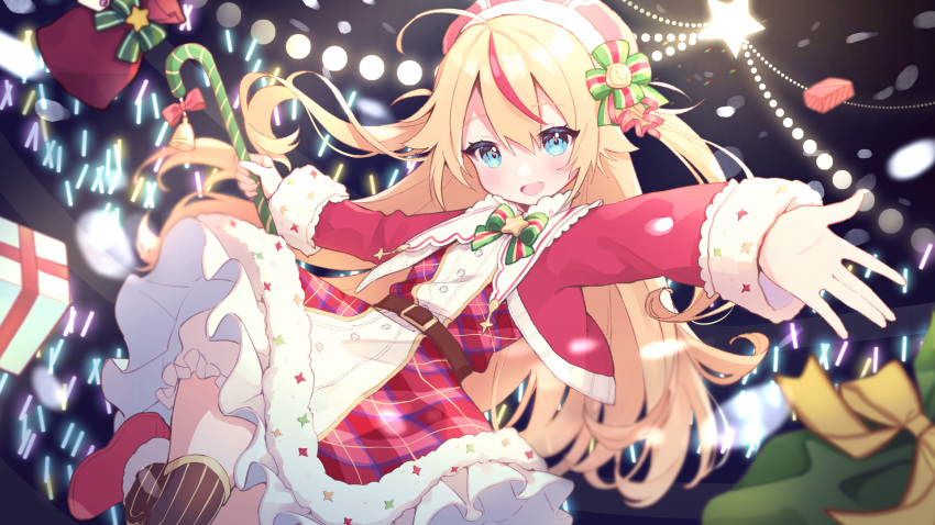 1girl ahoge bangs bell belt belt_buckle blonde_hair blurry blurry_foreground blush bow buckle buttons cane chidori_hina christmas collared_jacket concert cropped_jacket dress eyebrows_visible_through_hair frilled_dress frills fur_trim gift hair_between_eyes hat_ornament highres holding holding_cane jacket leg_up lens_flare long_hair looking_at_viewer mameyanagi multicolored_clothes multicolored_hair multicolored_legwear official_art open_mouth outstretched_arms penlight pinstripe_legwear pinstripe_pattern plaid plaid_dress red_footwear red_headwear red_jacket ribbon santa_costume smile solo_focus stage_lights star_(symbol) streaked_hair string_lights striped striped_legwear thighhighs throwing two-tone_legwear vertical-striped_legwear vertical_stripes virtual_youtuber white_fur
