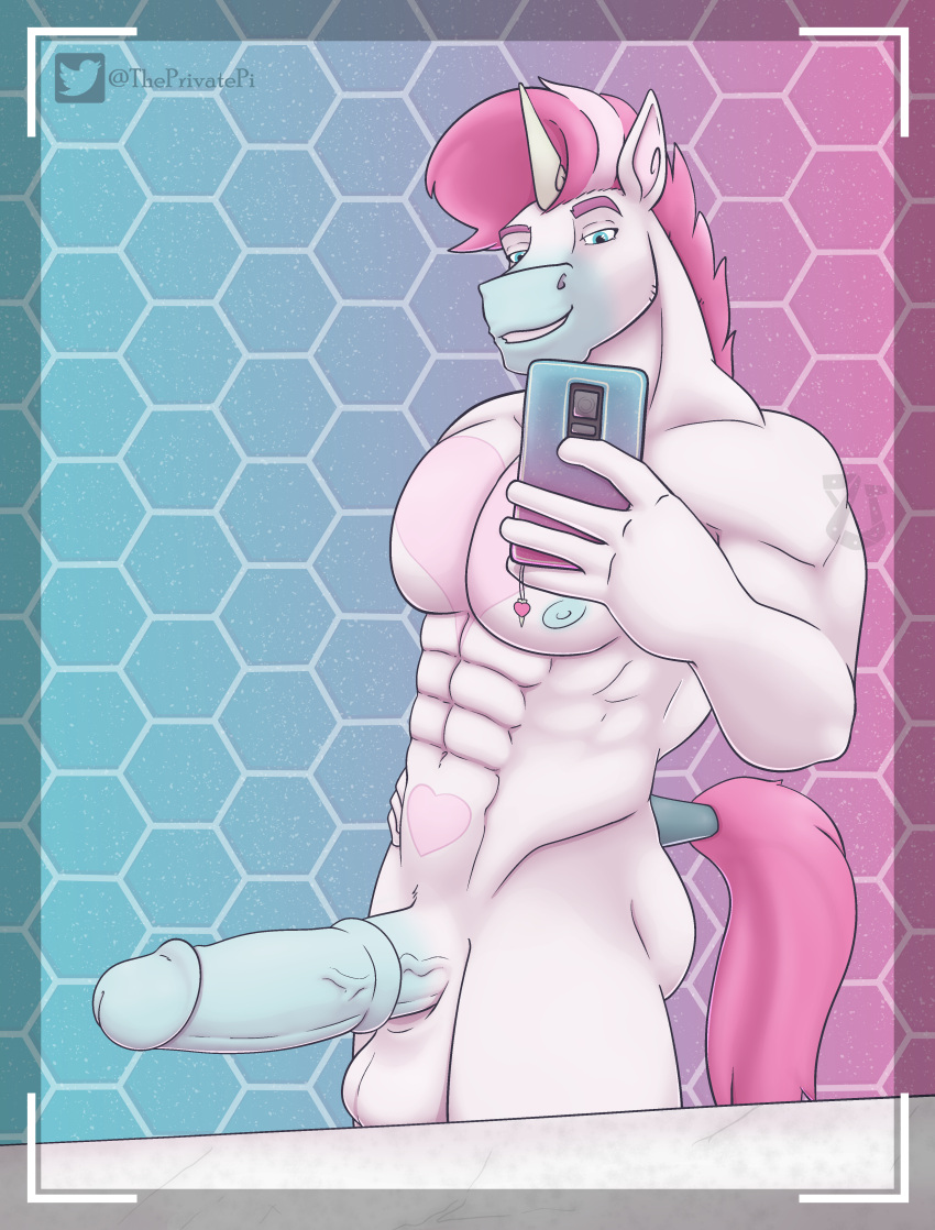 abs absurd_res anthro balls biceps cellphone equid equine erection genitals hair hi_res horn male mammal muscular muscular_anthro muscular_male nipples nude pecs penis phone pink_hair selfie simple_background smile solo unibro_pi unibro_pi_(character) unicorn