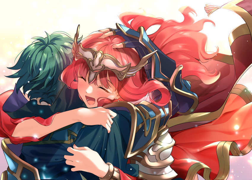 1boy 1girl alm_(fire_emblem) armor blue_armor blush cape celica_(fire_emblem) closed_eyes commentary_request couple dated earrings fingerless_gloves fire_emblem fire_emblem_echoes:_shadows_of_valentia fire_emblem_heroes from_behind gloves green_hair hand_on_another's_head happy headpiece hetero hug husband_and_wife jewelry long_hair misu_kasumi open_mouth red_cape red_hair revision short_hair smile