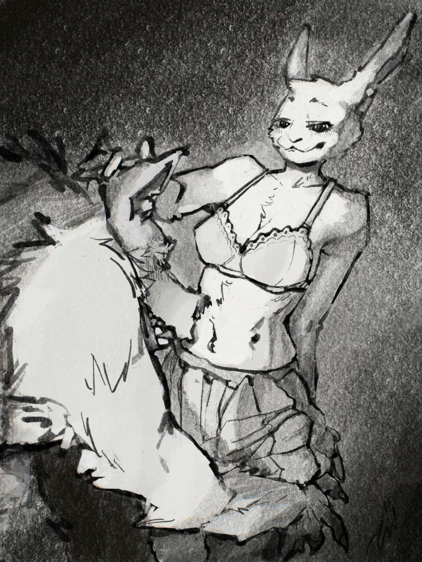 2021 3:4 absurd_res anthro beastars big_dom_small_sub black_and_white bottomwear bra breasts canid canine canis clothed clothing digital_media_(artwork) dominant dominant_female duo female fur gentle_giant greyscale hair haru_(beastars) hi_res intimate lagomorph leg_grab legoshi_(beastars) leporid male male/female mammal monochrome navel open_mouth presenting rabbit romantic romantic_couple shaded simple_background size_difference sketch skirt smaller_female smile smirk sniffing thendyart touching_hair underwear wolf