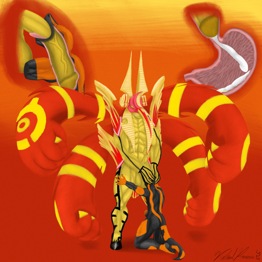 2021 5_fingers 6_arms abs absurd_res amphibian anthro anuberos anubian_jackal armor athletic athletic_anthro athletic_male balls big_balls big_penis black_body bodily_fluids canid canine canis cum cum_inside duo ejaculation erection eyes_closed fellatio fingers fire_salamander_(salamander) genital_fluids genitals hand_on_head hands_on_thighs hi_res hooves huge_penis hyper hyper_genitalia hyper_penis internal_oral jackal kneeling larger_male licking male male/male mammal markings max_(maxdamage_rulz) multi_arm multi_limb multicolored_body open_mouth oral orange_body organs penile penis penis_lick red_body salamander_(amphibian) sex signature simple_background size_difference smaller_male spectrobes stomach tongue tongue_out two_tone_body vein veiny_penis vexhaul_ramousa yellow_body