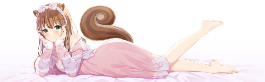 1girl animal_ears ayunda_risu bed_sheet bow brown_hair dakimakura_(medium) dress feet green_eyes hair_between_eyes hair_bow hair_ornament hands_on_own_cheeks hands_on_own_face highres hololive hololive_indonesia leg_up long_hair long_sleeves looking_at_viewer lying on_stomach shoulder simple_background squirrel_ears squirrel_tail strap_slip tail white_background yatomi
