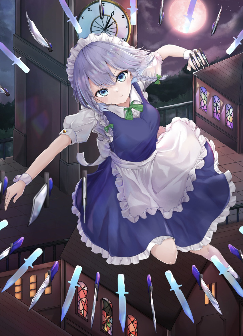 1girl apron arm_up back_bow bangs between_fingers black_footwear blue_dress bow braid breasts clock clock_tower commentary_request danmaku dress frilled_dress frills full_moon green_neckwear green_ribbon hair_ribbon high_heels highres holding holding_knife izayoi_sakuya knife knives_between_fingers large_breasts lips looking_at_viewer maid maid_apron maid_headdress moon night open_mouth puffy_short_sleeves puffy_sleeves red_eyes remitei03 ribbon sash scarlet_devil_mansion shirt short_hair short_sleeves silver_hair solo thighs touhou tower tress_ribbon twin_braids white_sash white_shirt wrist_cuffs