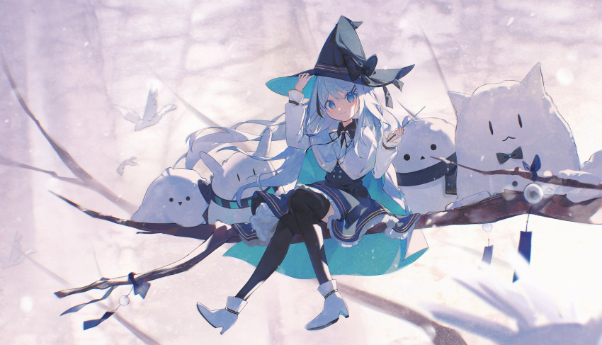 1girl absurdres amari bird black_legwear blue_eyes bow branch cape cat collar commentary dove hair_ornament hair_ribbon hairclip hat highres in_tree long_hair long_sleeves original ribbon scarf shoes sitting sitting_in_tree skirt snowman thighhighs tree wand white_hair winter witch_hat