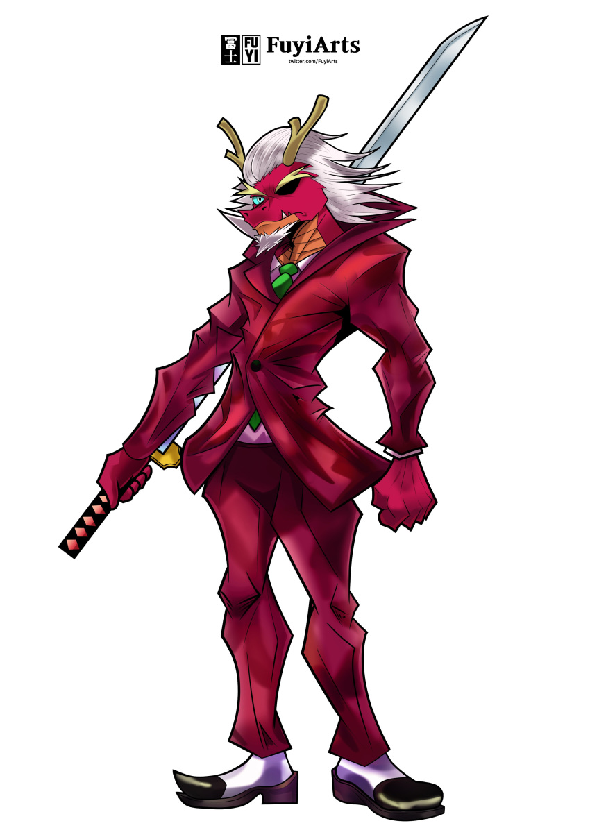 2021 absurd_res anthro boss_bruce clothed clothing dragon eyebrows fully_clothed fuyiarts hair hi_res holding_object holding_weapon horn male melee_weapon necktie red_body rise_of_the_teenage_mutant_ninja_turtles simple_background solo suit sword teenage_mutant_ninja_turtles weapon white_background white_hair