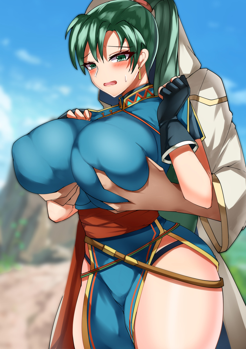 1boy 1girl absurdres black_panties blush breast_grab breasts deep_skin earrings embarrassed fingerless_gloves fire_emblem fire_emblem:_the_blazing_blade fire_emblem_heroes gloves grabbing grabbing_from_behind green_eyes green_hair groping highres huge_breasts jewelry lyn_(fire_emblem) open_mouth panties pelvic_curtain ponytail sweat thick_thighs thighs tiamat_(momokuri_mannen) underwear