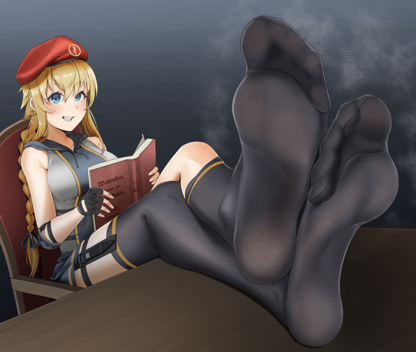 1girl absurdres armchair asymmetrical_legwear bangs beret black_gloves black_legwear blonde_hair blue_eyes blue_skirt blush book braid braided_ponytail breasts chair collarbone crossed_legs eyebrows_visible_through_hair feet fingerless_gloves foot_focus full_body girls'_frontline gloves grey_shirt hair_ornament hairclip hat highres holding holding_book hooded_shirt knife_holster legs lips long_hair looking_at_viewer medium_breasts mg3_(girls'_frontline) no_shoes open_mouth shirt simple_background sitting skirt smile soles solo steam steaming_body table teeth thighhighs toes tsa