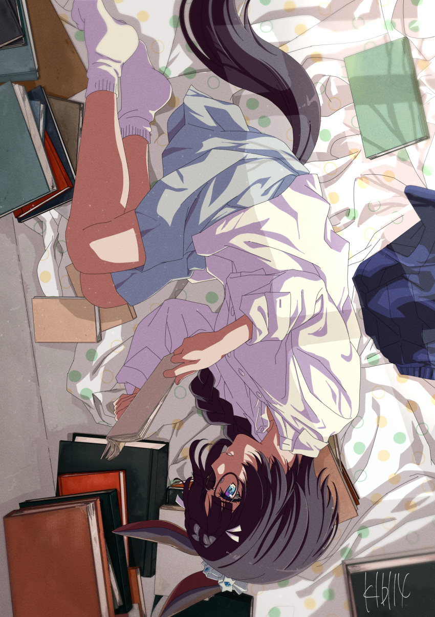 1girl animal_ears bangs blanket blue_eyes blue_skirt book braid buttons clothes collared_shirt full_body glasses gunsou33 highres holding holding_book horse_ears horse_girl horse_tail long_hair lying on_side open_book parted_lips pile_of_books reading shirt signature skirt socks solo tail umamusume upside-down white_footwear white_shirt zenno_rob_roy_(umamusume)