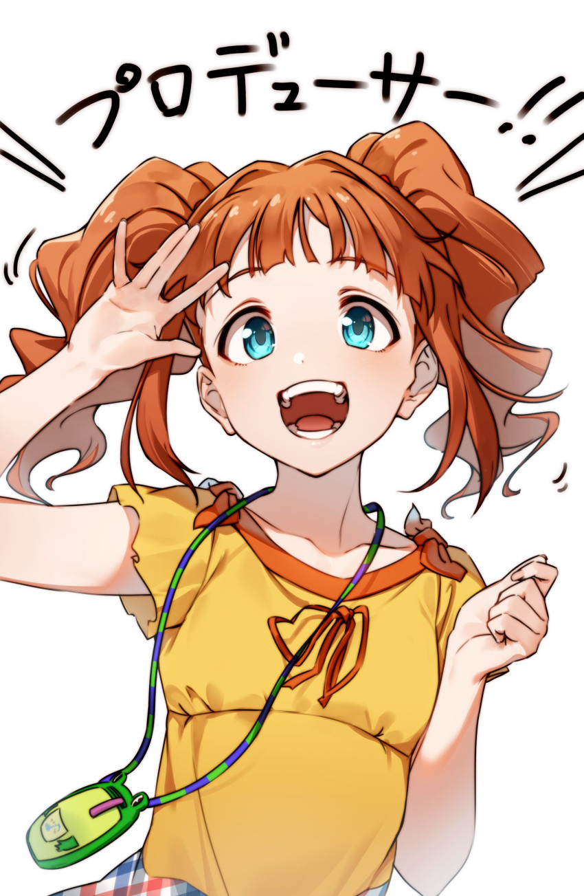 1girl aqua_eyes bag bangs blunt_bangs breasts collarbone frog highres idolmaster idolmaster_(classic) kakaobataa long_hair looking_at_viewer open_mouth orange_hair plaid plaid_skirt shirt short_sleeves simple_background skirt small_breasts smile solo takatsuki_yayoi twintails waving white_background yellow_shirt