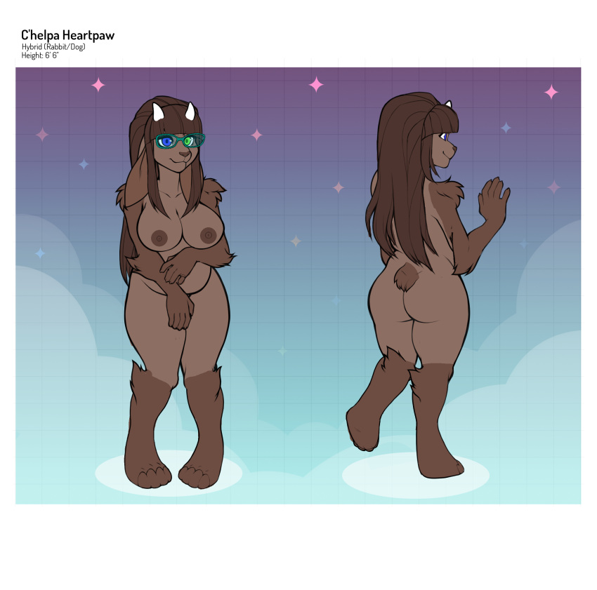 alpha_channel anthro big_breasts big_butt blue_eyes border breasts brown_body brown_fur brown_hair brown_nose butt c'helpa_heartpaw canid canine canis covering covering_crotch dark_body dark_skin domestic_dog eyewear female fur glasses green_eyes green_eyewear green_glasses hair hairless heterochromia hi_res horn hybrid lagomorph leporid lolodepuzlo mammal model_sheet nipples nude rabbit rear_view solo tan_body tan_fur thick_thighs transparent_border white_horn