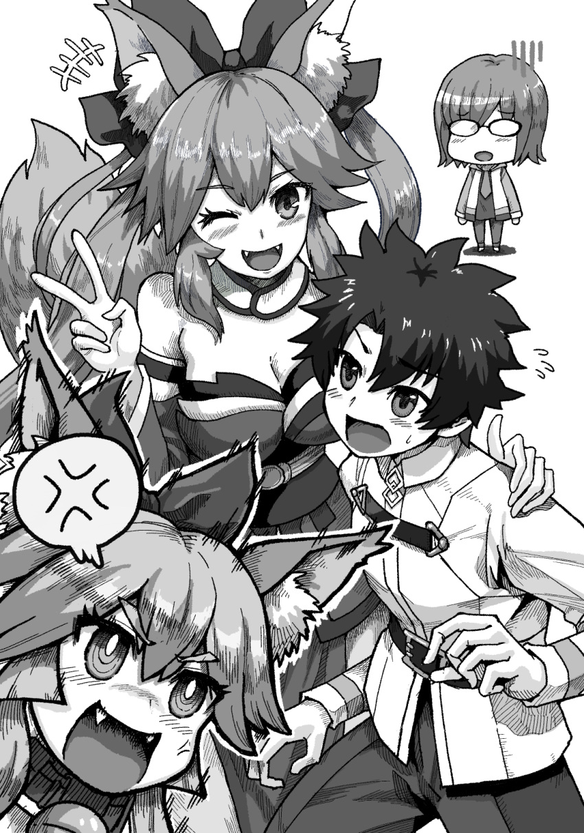 +++ 1boy 3girls ^^^ anger_vein animal_ear_fluff animal_ears annoyed bangs bare_shoulders bell belt blush bow breasts chaldea_uniform chibi cleavage coat collar commentary_request eyebrows_visible_through_hair eyelashes fangs fate/extra fate/grand_order fate_(series) flustered fox_ears fox_girl fox_tail frown fujimaru_ritsuka_(male) glasses greyscale hair_between_eyes hair_bow hand_on_another's_shoulder highres japanese_clothes jingle_bell kimono kusama_takato large_breasts long_hair long_sleeves looking_at_another looking_at_viewer mash_kyrielight monochrome multiple_girls neck_bell necktie obi one_eye_closed open_mouth pose sash shadow shirt short_hair sidelocks smile split_ponytail spoken_anger_vein standing sweat sweatdrop tail tamamo_(fate) tamamo_cat_(fate) tamamo_no_mae_(fate/extra) thighhighs v v-shaped_eyebrows