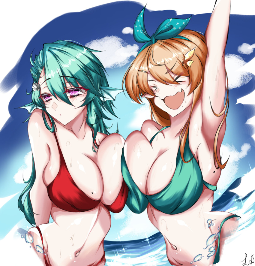 &gt;_&lt; 2girls alternate_breast_size armpits asymmetrical_docking bikini breast_press breasts butterfly_hair_ornament cleavage english_commentary eyebrows_visible_through_hair finana_ryugu green_bikini green_ribbon hair_ornament hair_ribbon head_fins highres large_breasts leon_decarabia long_hair looking_to_the_side midriff mole mole_on_breast multiple_girls navel nijisanji nijisanji_en pointy_ears pomu_rainpuff red_bikini ribbon smile swimsuit virtual_youtuber