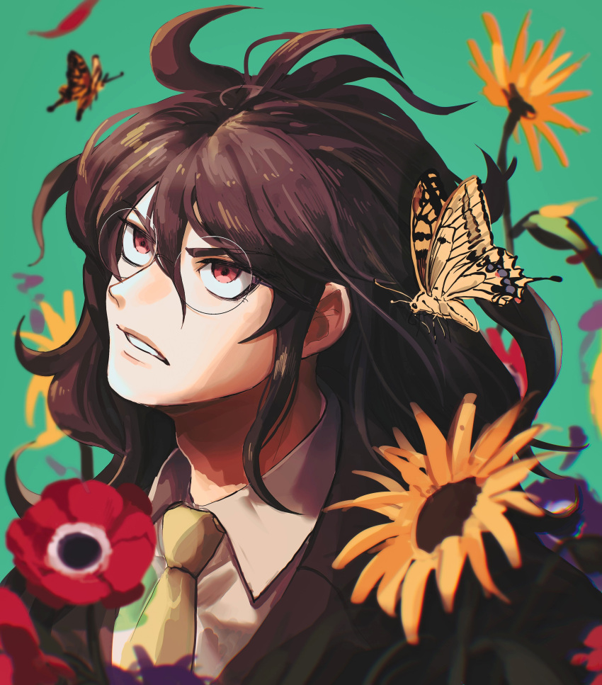 1boy absurdres brown_hair brown_jacket bug butterfly collared_shirt danganronpa_(series) danganronpa_v3:_killing_harmony flower gokuhara_gonta green_background highres jacket kaisan_(kaisanshiki) long_hair male_focus messy_hair necktie orange_necktie portrait red_flower round_eyewear shiny shiny_hair shirt solo white_shirt yellow_flower