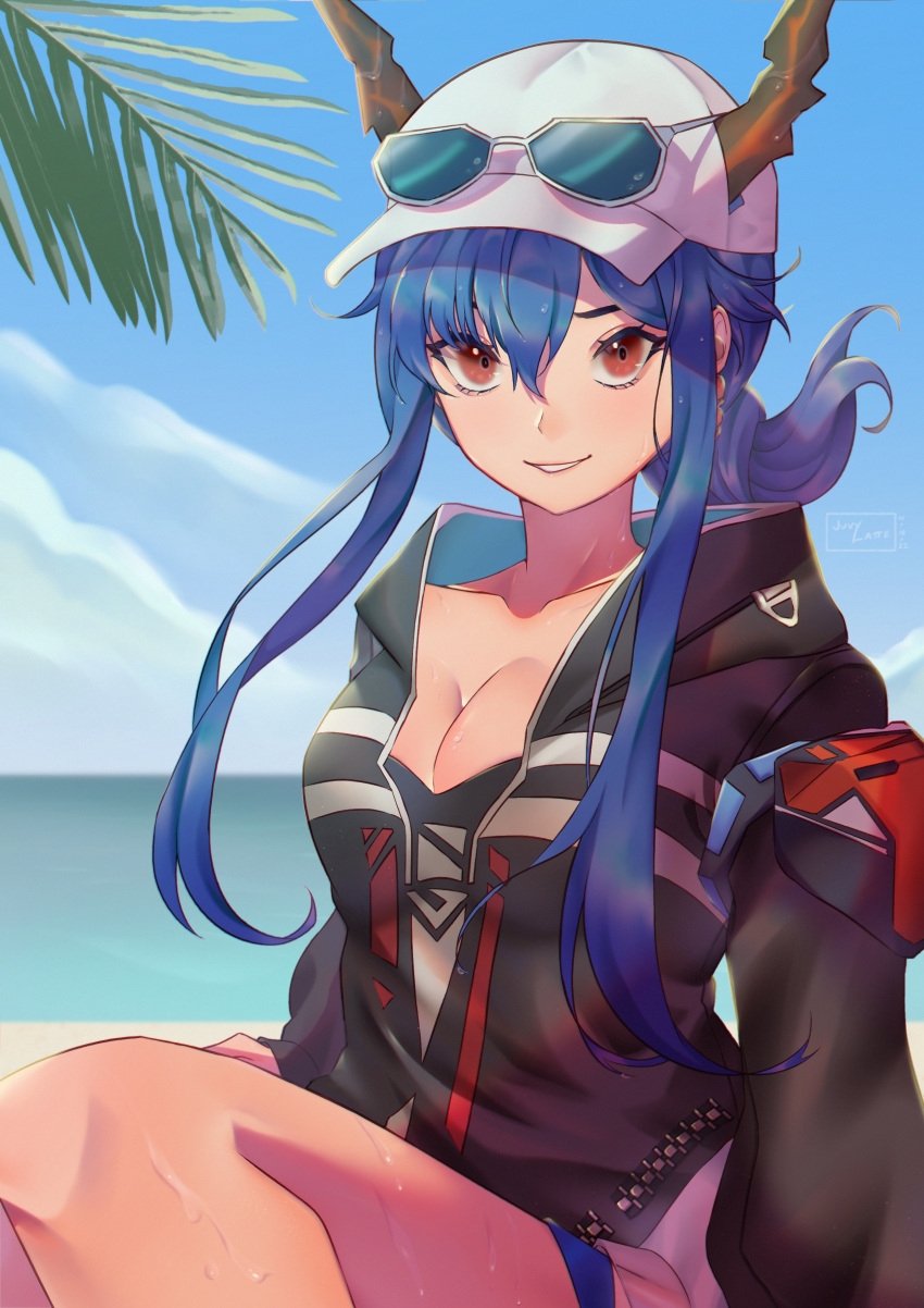 1girl absurdres arknights bangs beach blue_hair breasts ch'en_(arknights) ch'en_the_holungday_(arknights) cleavage cloud collarbone commentary_request cowboy_shot dragon_girl dragon_horns eyebrows_behind_hair eyewear_on_head hair_between_eyes highres horns horns_through_headwear juvylatte looking_at_viewer medium_breasts ocean official_alternate_costume open_clothes open_mouth outdoors palm_tree parted_bangs parted_lips ponytail red_eyes sand sidelocks sitting sky smile solo summer sunglasses sweat teeth tree