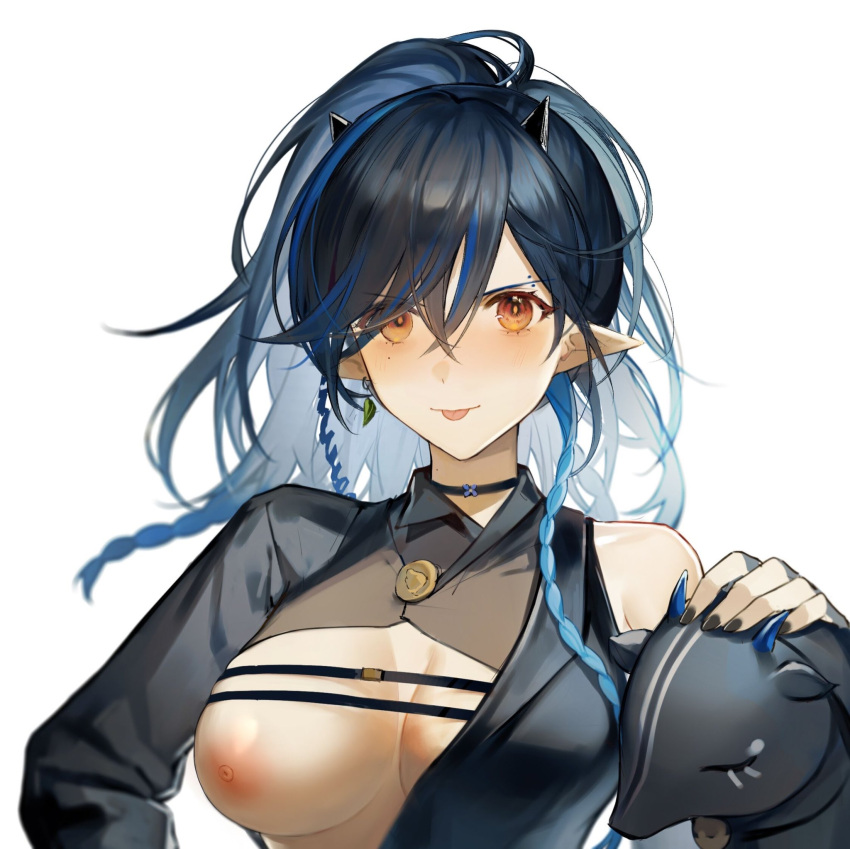 1girl :p arknights asymmetrical_clothes bangs black_choker black_hair black_nails blacknight_(arknights) blue_hair blush braid breasts choker closed_mouth creature earrings eyebrows_visible_through_hair highres horns jewelry long_hair medium_breasts mole_above_eye multicolored_hair nail_polish nipples no_bra one_breast_out orange_eyes pointy_ears qinglai_haiji side_braid simple_background single_bare_shoulder single_earring smile solo tongue tongue_out two-tone_hair upper_body v-shaped_eyebrows white_background