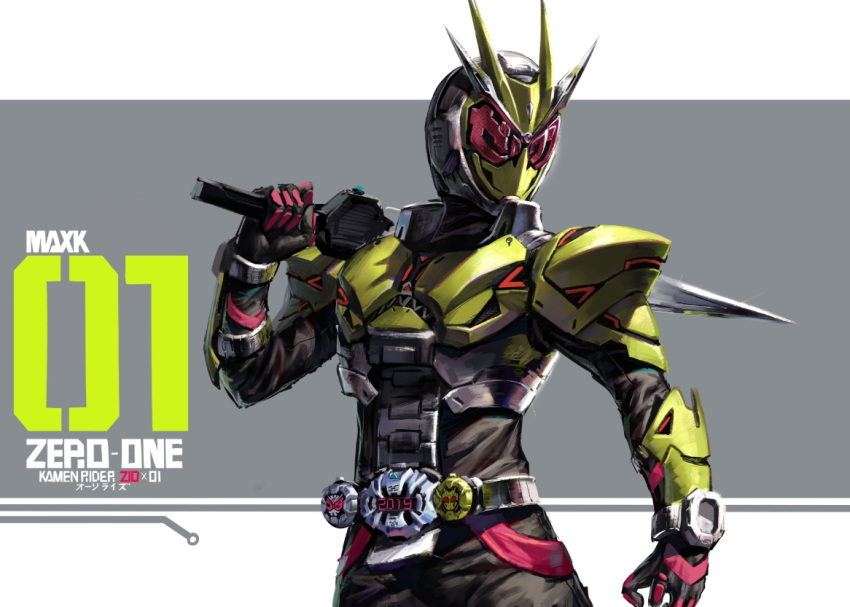 1boy adapted_costume antennae armor black_bodysuit bodysuit bug clock clock_hands cowboy_shot crossover driver gloves grasshopper green_armor green_mask heisei kamen_rider kamen_rider:_reiwa_the_first_generation kamen_rider_01_(series) kamen_rider_zi-o kamen_rider_zi-o_(series) male_focus mask max-k red_eyes reiwa rider_watch sword tokusatsu weapon ziku_driver