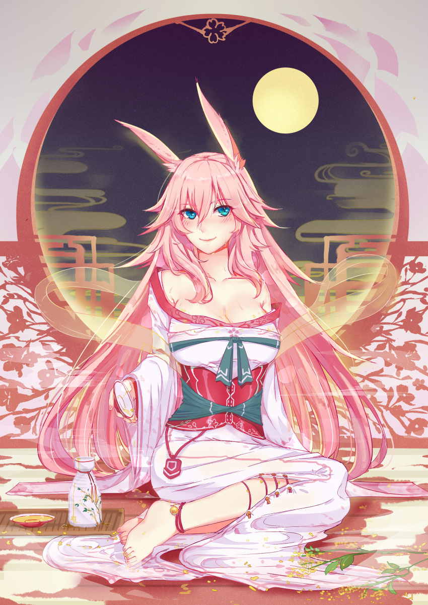 1girl 7t absurdres alcohol bare_shoulders barefoot blue_eyes blush bottle breasts cleavage closed_mouth cup drinking_glass full_body full_moon highres honkai_(series) honkai_impact_3rd japanese_clothes kimono large_breasts lipstick long_hair long_sleeves looking_at_viewer makeup mid-autumn_festival moon pink_kimono sitting smile solo sweat toes wine wine_bottle wine_glass yae_sakura