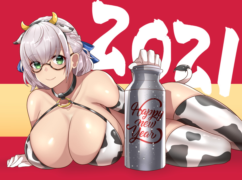 1girl 2021 altronage animal_ears animal_print bikini blue_ribbon breasts chinese_zodiac cow_girl cow_horns cow_print cow_tail curvy elbow_gloves fake_animal_ears fake_horns fake_tail glasses gloves green_eyes hair_ribbon highres hololive horns huge_breasts large_breasts lying milk_churn on_side print_gloves reward_available ribbon shirogane_noel short_hair silver_hair smile swimsuit tail thighhighs thighs virtual_youtuber year_of_the_ox