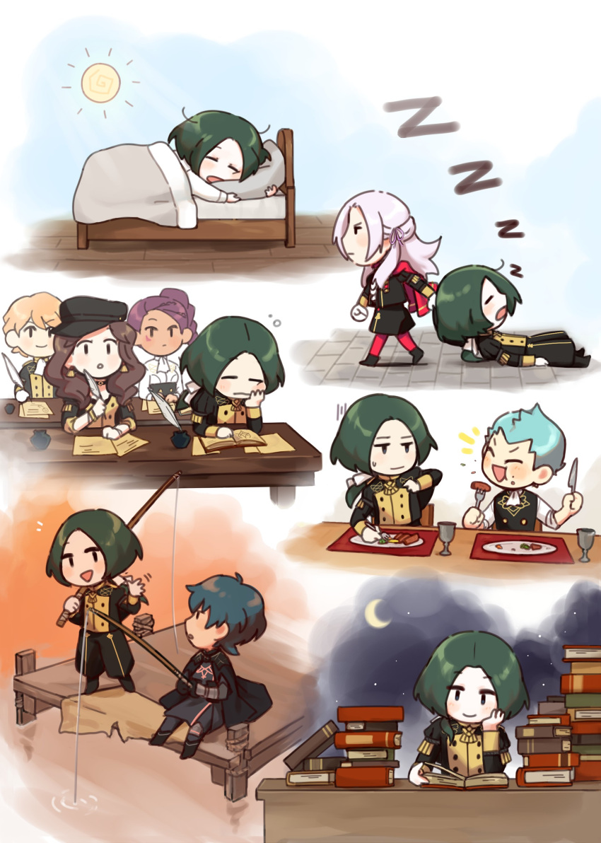 absurdres bed blue_hair book byleth_(fire_emblem) byleth_(fire_emblem)_(male) caspar_von_bergliez chibi eating edelgard_von_hresvelg ferdinand_von_aegir fire_emblem fire_emblem:_three_houses fishing garreg_mach_monastery_uniform green_hair gummy_(puffaluficus) highres linhardt_von_hevring long_hair orange_hair petra_macneary purple_hair quill reading silver_hair sleeping sun white_hair writing