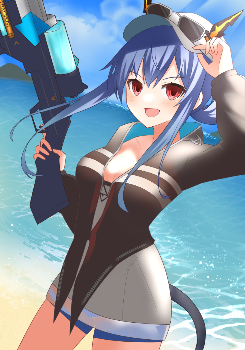 1girl :d arknights beach blue_hair blue_shorts blurry bokeh breasts ch'en_(arknights) ch'en_the_holungday_(arknights) cleavage collarbone commentary_request cowboy_shot depth_of_field dragon_girl dragon_horns dragon_tail eyebrows_visible_through_hair eyewear_on_head hair_between_eyes hand_up hat highres holding holding_water_gun hood hood_down horns horns_through_headwear kuwan4971 legs_apart medium_breasts mountain ocean official_alternate_costume open_mouth outdoors ponytail red_eyes sand shorts sidelocks sky smile solo sparkle summer sunglasses swimsuit tail v-shaped_eyebrows water_gun