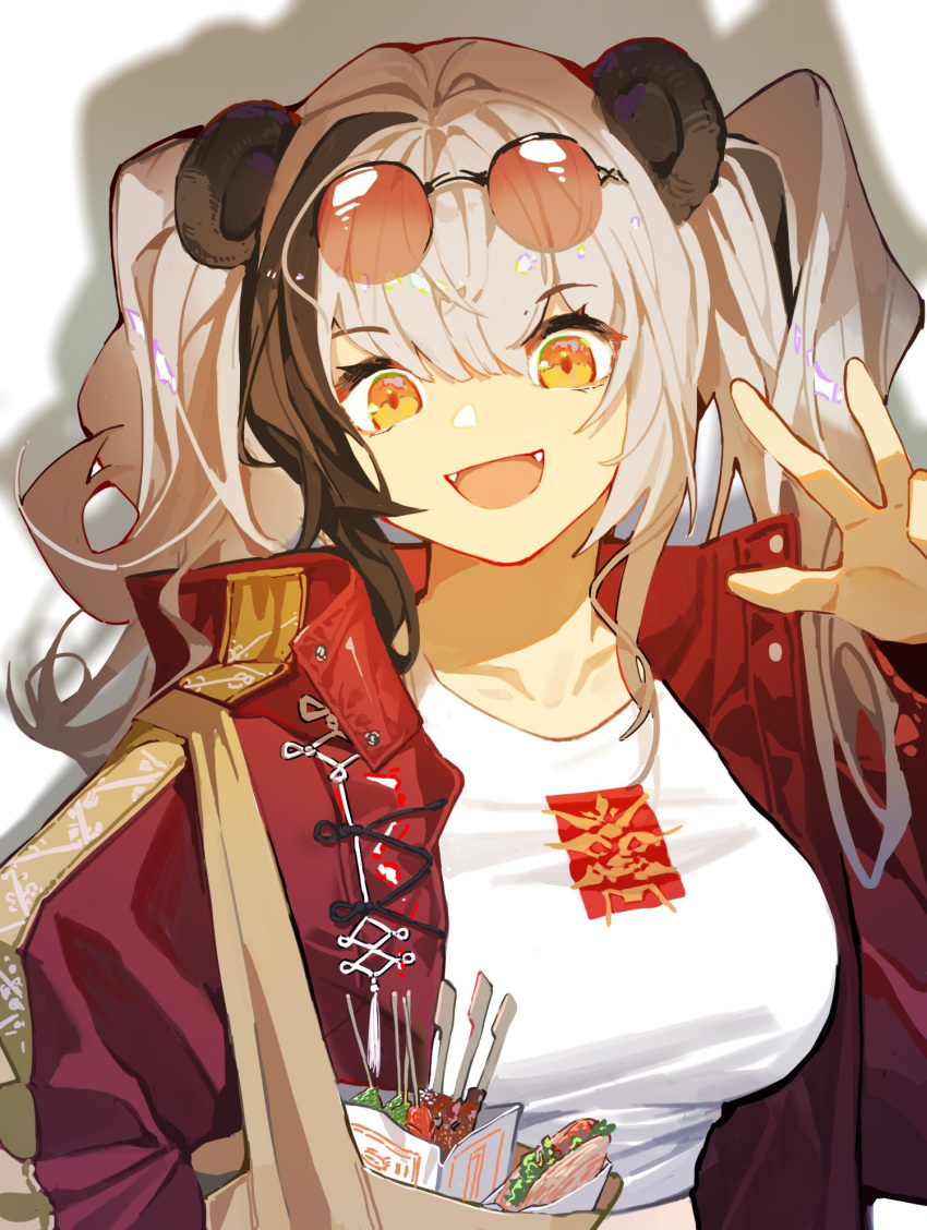 1girl :d animal_ears arknights bag breasts clay_(clayjun) crop_top fangs feater_(arknights) hand_up highres jacket large_breasts long_hair long_sleeves looking_at_viewer multicolored_hair official_alternate_costume open_clothes open_jacket orange_eyes panda_ears red_jacket round_eyewear shirt shoulder_bag smile solo streaked_hair sunglasses taco tinted_eyewear twintails upper_body white_hair white_shirt