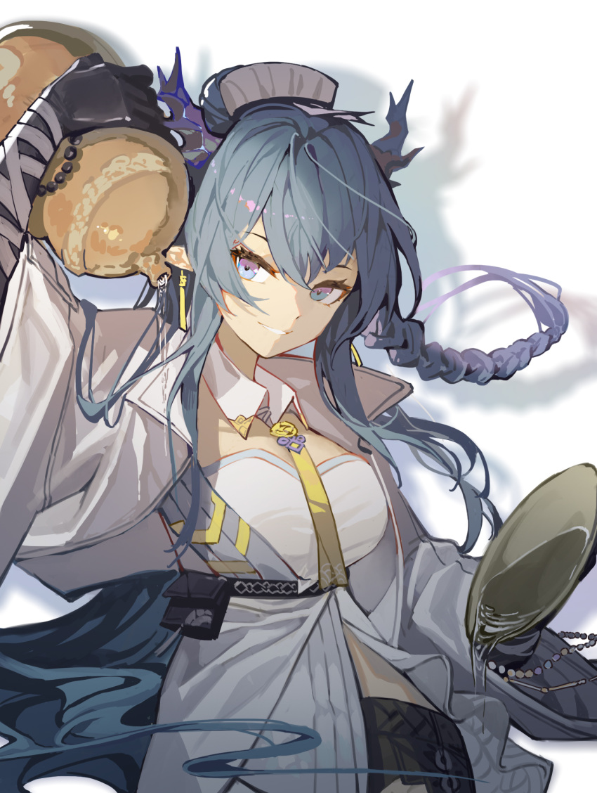 1girl alcohol arknights arm_up bangs black_gloves blue_eyes blue_hair braid clay_(clayjun) coat commentary_request cowboy_shot cup dragon_horns earrings elbow_gloves eyebrows_behind_hair gloves gourd highres holding holding_cup horns jewelry ling_(arknights) long_hair long_sleeves necktie open_clothes open_coat parted_lips pointy_ears pouch sakazuki sake shirt side_braid smile solo underbust very_long_hair white_coat white_shirt wide_sleeves yellow_necktie