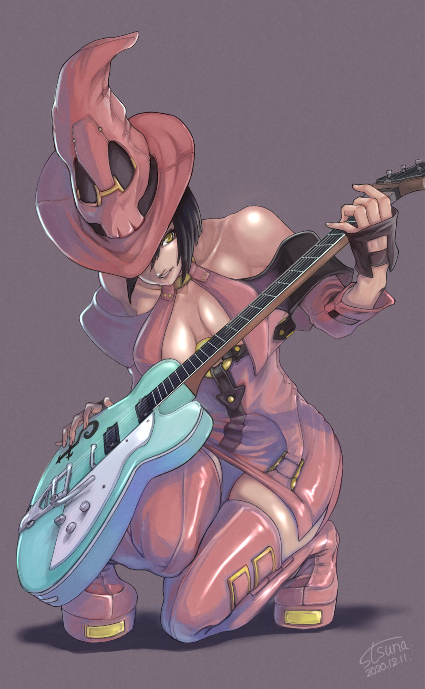1girl absurdres bare_shoulders black_hair bob_cut boots breasts detached_sleeves dress electric_guitar fingerless_gloves gloves green_eyes guilty_gear guilty_gear_xrd guitar hat highres i-no instrument kneeling large_breasts mole mole_above_mouth plectrum red_footwear red_headwear short_dress short_hair signature skindentation solo thigh_boots thighhighs tongue tsuna_(akmu8832) witch_hat