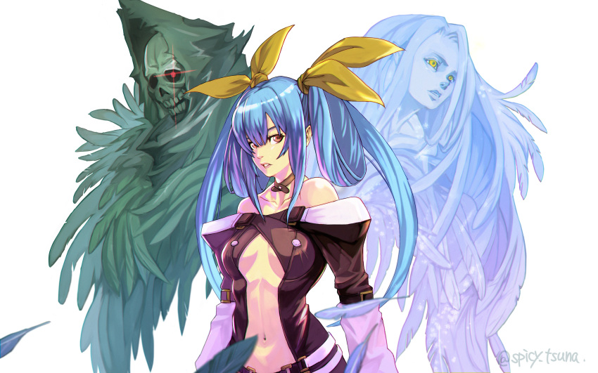 1girl absurdres angel_wings artist_name asymmetrical_wings bare_shoulders belt blue_hair breasts center_opening collarbone dizzy_(guilty_gear) feathers glowing glowing_eye guilty_gear guilty_gear_x guilty_gear_xx hair_ribbon highres large_breasts long_hair long_sleeves looking_at_viewer looking_to_the_side low_twintails midriff navel necro_(guilty_gear) parted_lips red_eyes ribbon solo standing stomach tsuna_(akmu8832) twintails undine_(guilty_gear) white_background wings yellow_eyes yellow_ribbon