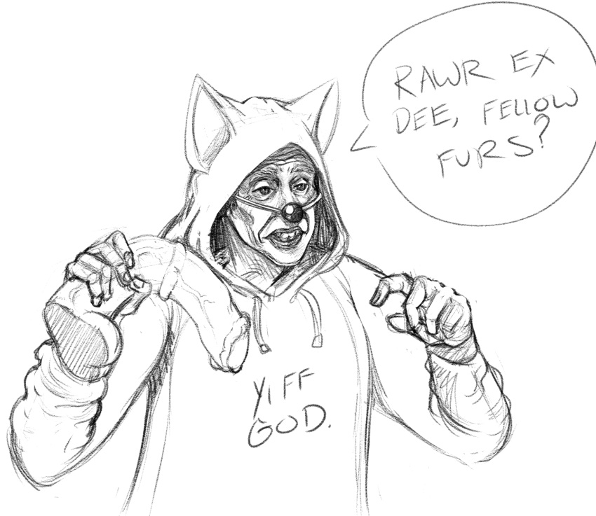 black_and_white clothing dildo fake_nose hi_res holding_dildo holding_object holding_sex_toy hoodie human male mammal meme monochrome sabrotiger sex_toy sketch solo steve_buscemi topwear where_is_your_god_now