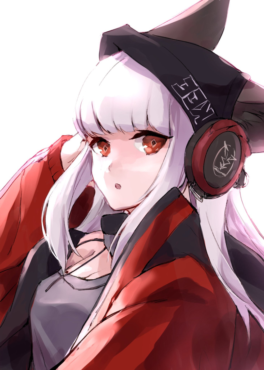 1girl animal_ears arknights bangs black_headwear commentary_request e-bushi ears_through_headwear fox_ears from_side frostleaf_(arknights) grey_shirt hand_in_hair headphones_over_headwear highres jacket long_hair long_sleeves looking_at_viewer off-shoulder_shirt off_shoulder open_mouth oversized_clothes red_eyes red_jacket selfie shirt sidelocks simple_background solo upper_body white_background white_hair woollen_cap