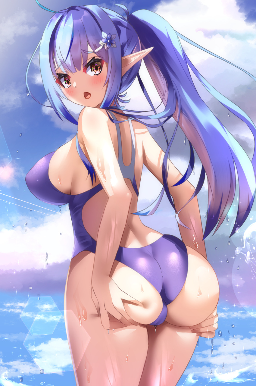 1girl ahoge ass ass_support back bangs blue_hair blue_swimsuit blush breasts brown_eyes cloud competition_swimsuit day eyebrows_visible_through_hair flower hair_flower hair_ornament highres hololive large_breasts lens_flare long_hair looking_back mountainous_horizon ocean one-piece_swimsuit open_mouth outdoors pointy_ears ponytail sideboob sidelocks sky solo soruto_reid swimsuit thighs virtual_youtuber wet yukihana_lamy