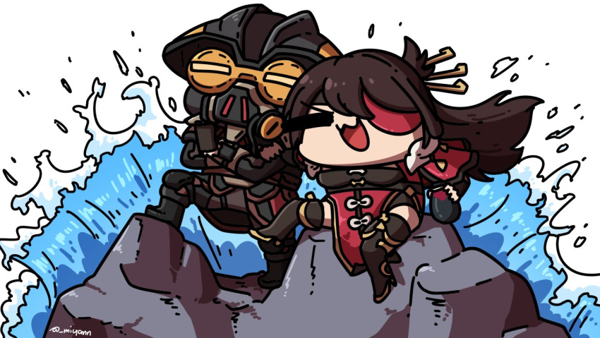 1girl 1other :3 allegra_clark apex_legends beidou_(genshin_impact) black_footwear black_jacket bloodhound_(apex_legends) boots breasts brown_hair chibi crossed_arms crossover english_commentary floating_hair genshin_impact helmet holding_jug jacket long_hair medium_breasts miyan_(oceanmaiden) open_mouth pelvic_curtain rock smile trait_connection voice_actor_connection waves