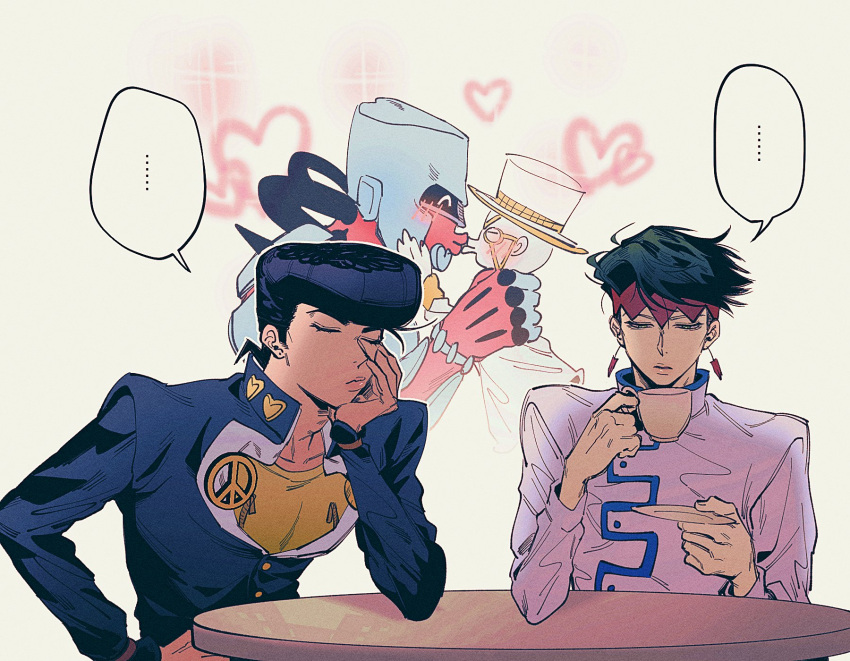 ... 4boys blush closed_eyes crazy_diamond cup diamond_wa_kudakenai earrings gakuran green_hair headband heart heaven's_door higashikata_josuke highres indirect_kiss jewelry jojo4_hd jojo_no_kimyou_na_bouken kishibe_rohan kiss multiple_boys pompadour puckered_lips purple_hair school_uniform stand_(jojo) teacup yaoi