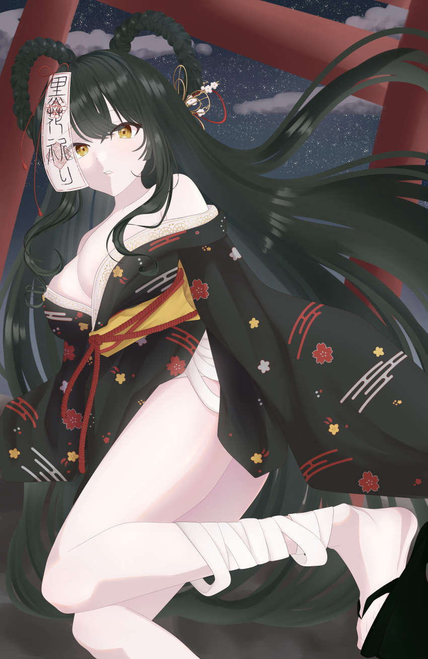 1girl absurdres bandaged_leg bandages bangs barefoot_sandals black_kimono breasts cleavage cyberlive eyebrows_visible_through_hair hair_rings highres japanese_clothes kimono kurohana_inori large_breasts long_hair looking_at_viewer matoi_miia parted_lips sandals sky solo star_(sky) starry_sky talisman torii virtual_youtuber