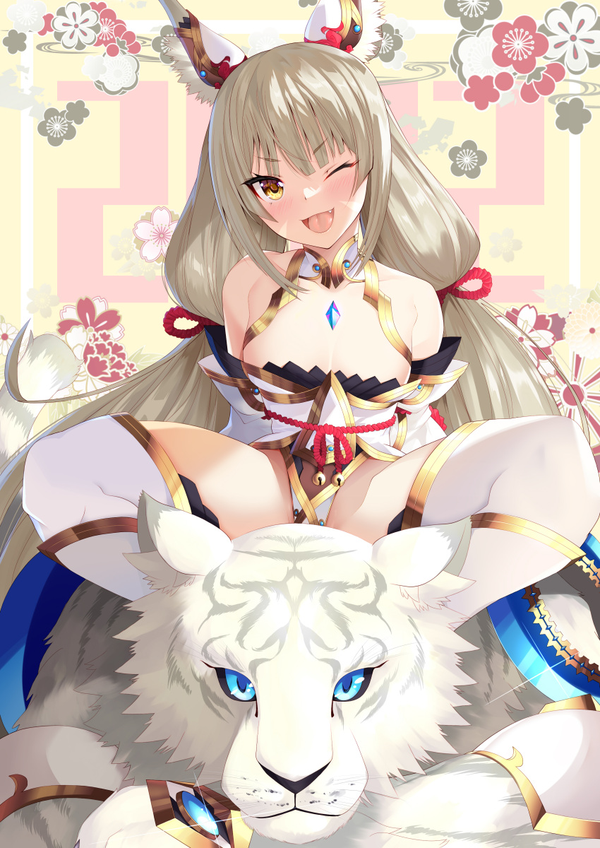 1girl absurdres animal_ears bangs blunt_bangs breasts cat_ears chest_jewel cleavage daive detached_sleeves dromarch_(xenoblade) facial_mark highleg highleg_leotard highres leotard long_hair low_twintails nia_(blade)_(xenoblade) nia_(xenoblade) silver_hair small_breasts thighhighs twintails very_long_hair xenoblade_chronicles_(series) xenoblade_chronicles_2 yellow_eyes